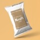 brown kraft label with white text on a white pouch and orange background