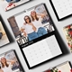 An A4 wall calendar for August 2025 with a sleek black design. The page features a fun photo of two friends wearing sunglasses and white t-shirts, with a monthly grid below. Multiple calendars with different designs are displayed underneath.