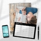Personalised A4 family photo calendars with a black design displayed beside a phone and pen