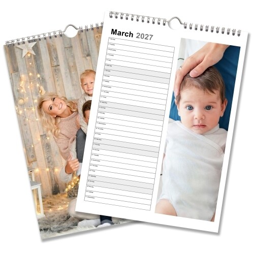 Personalised A4 family planner calendar with a baby photo and dated writing lines for March 2027.
