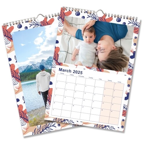 An A4 photo calendar showingyour image. One image features a family photo of your choive The calendar is spiral-bound with space for your images above each month.