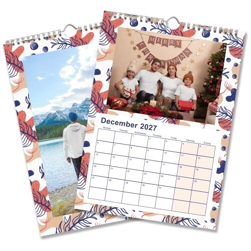 Personalised A4 photo calendar with a colourful abstract leaf pattern, family photograph and monthly date grid