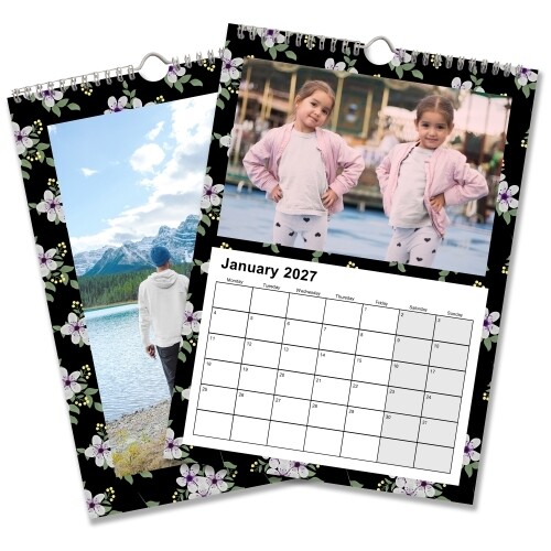 Two personalised A4 wire-bound photo calendars with a black floral design, children’s portrait and January grid.