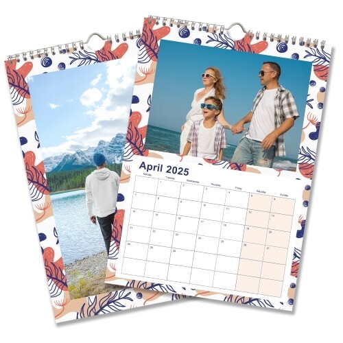 An A3 photo calendar showingyour image. One image features a family photo of your choice The calendar is spiral-bound with space for your images above each month.