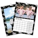 Personalised A3 photo wall calendar with a black floral design, family photograph and monthly date grid.