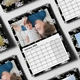 Close-up of a January 2026 floral-themed wall calendar, featuring a mother and baby lying on a bed. The calendar layout is clear, with a decorative black background adorned with purple and white flowers.
