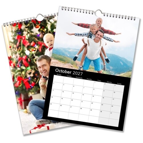 Two personalised A3 photo calendars featuring a family outdoors and a Christmas family photograph.