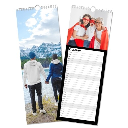 Two images of a customisable black kitchen calendar. The left shows the back cover with a couple holding hands by a lake with mountains in the background. The right shows an inside page for October with space for writing and a your photo