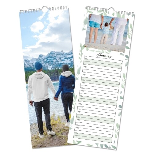 Green leaf personalised photo kitchen calendar with family pictures and lined daily spaces for appointments.