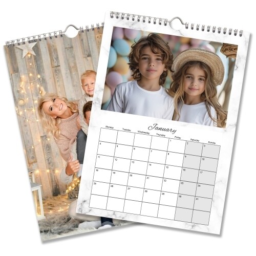 Personalised A3 photo wall calendar with a white marble design, family picture and monthly date grid.