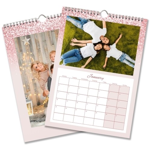 Pink glitter personalised A3 photo calendar featuring family pictures and a large monthly date grid.