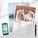 Two A4 photo calendars for 2025, opened to May and July. The July calendar features your own image. A smartphone and pen are placed next to the calendars on a white desk, with space for notes in the month grids.