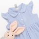 A blue and white striped child's dress with a personalised name label attached to the care tag, featuring a colourful design. A soft toy bunny with pink ears is placed next to the dress, illustrating how labels help identify children's clothing.