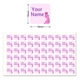 A sheet of 60 personalised name labels, each 18mm x 18mm, with a pink dinosaur design and text on a light pink background. The labels are arranged in a grid, ideal for marking childrens items like clothes and school supplies.