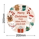 Round personalised Christmas sticker measuring 200mm, featuring festive illustrations of Santa, a reindeer, a snowman, gingerbread man, and candy canes. The message reads 