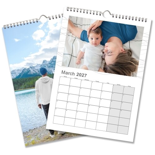 Two personalised A3 calendars, including a March 2027 calendar featuring a parent and baby photo.