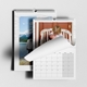 An A4 photo calendar showing features like an easy hanging hook, wire binding for smooth page turning, sturdy greyboard backing, and 170gsm silk paper. The displayed month is February, featuring a custom photo of your choice