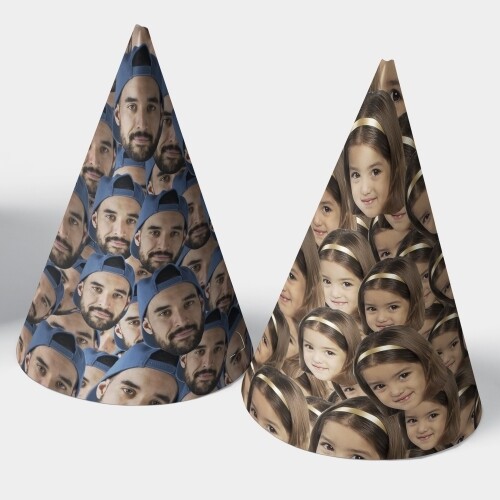 Two personalised party hats with repeated face prints. The first hat features a man in a blue cap, while the second displays a young girl with a golden headband. Both hats have an all-over face pattern on a white background.