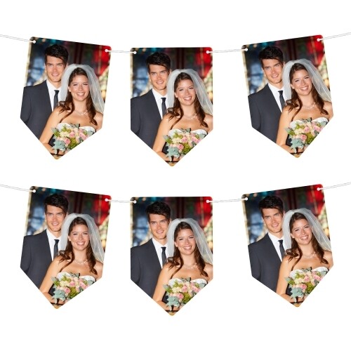 mage of personalised bunting featuring repeated photographs of a smiling couple, ideal for wedding or celebration decor.