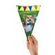 Hand holding a triangular piece of personalised bunting featuring a cheerful Corgi wearing a bow tie, set against a vibrant outdoor background with colourful bunting hanging in the distance.