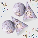 Set of customised party hats with a pastel purple design featuring rainbows, stars, donuts, unicorns, and colourful hearts. Includes personalised baby photos with the text I am One, surrounded by scattered confetti, perfect for first birthday celebrations.