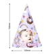 Customised party hat with a pastel purple design featuring rainbows, stars, donuts, unicorns, and colourful hearts. Includes a personalised baby photo and the text I am One. Dimensions are 155mm height and 120mm diameter, perfect for first birthday celebrations.