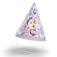 Customised party hat with a pastel purple design featuring rainbows, stars, donuts, unicorns, and colourful hearts. Includes a personalised baby photo and the text I am One, complete with an elastic strap, perfect for a first birthday celebration.