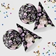 Set of black personalised party hats featuring a smiling young girl's face, decorated with pastel pink, green, and purple bubbles and the number 3, surrounded by colourful confetti, ideal for a third birthday celebration