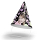 Black personalised party hat featuring a smiling young girl's face, decorated with pastel pink, green, and purple bubbles and the number 3, complete with an elastic strap, perfect for a third birthday celebration.