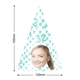 Customised party hat with turquoise heart patterns, the number 32, and a personalised photo of a smiling woman. Dimensions are shown: 155mm in height and 120mm in width. Perfect for birthdays or themed celebrations.  File name: customised-party-hat-dimensions