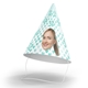 Customised party hat with turquoise heart patterns, the number 32, and a personalised photo of a smiling woman. The hat includes an elastic strap, displayed upright on a white surface. Perfect for birthday celebrations or themed events.