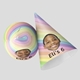 Two customised party hats with a rainbow stripe design, featuring a personalised photo of a smiling boy and the text Eli's 6. One hat is upright, while the other lies on its side, showcasing the colourful design. Perfect for 6th birthday celebrations.