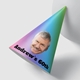 Customised party hat with a vibrant gradient design featuring a smiling man's face and bold text reading Andrews 60th, ideal for milestone celebrations.