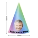 Personalised party hat with a gradient design featuring a smiling man's face and bold text reading Andrews 60th, shown with dimensions 155mm height and 120mm width.