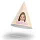 Customised party hat with your own photo and personalised number. The hat includes an elastic strap, displayed upright on a white surface. Perfect for birthday celebrations or themed events.