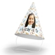 Customised party hat with your own photo and personalised number. The hat includes an elastic strap, displayed upright on a white surface. Perfect for birthday celebrations or themed events.