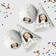 Customised party hatswith your own image and number, arranged alongside scattered colourful confetti. The hats are displayed in upright and side positions, ideal for festive celebrations.