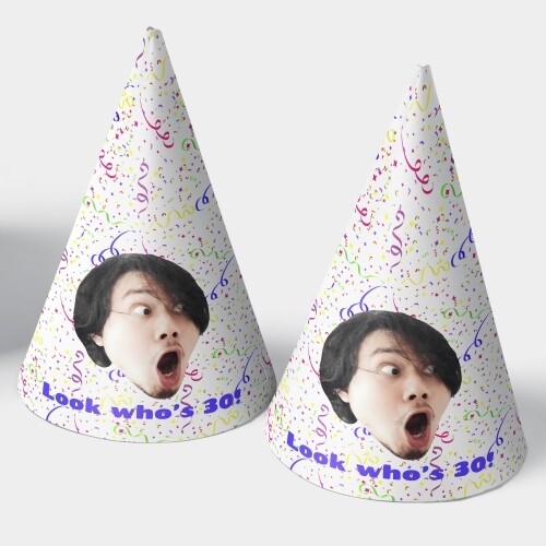 Two customised party hats with a white background, personalised with your photo and number of your choice. The hats are displayed upright side by side. Perfect for birthdays or celebrations.