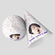 Two customised party hats your own face on. One hat is upright, and the other is positioned on its side, showcasing the full design. Perfect for birthdays or celebrations.