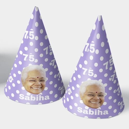 Two customised party hats with a white background, personalised with your photo and number of your choice. The hats are displayed upright side by side. Perfect for birthdays or celebrations.