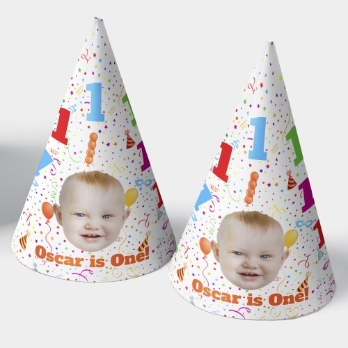 Two customised party hats with a white background, personalised with your photo and number of your choice. The hats are displayed upright side by side. Perfect for birthdays or celebrations.