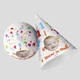 Two customised party hats your own face on. One hat is upright, and the other is positioned on its side, showcasing the full design. Perfect for birthdays or celebrations.