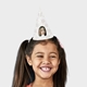 Smiling girl wearing a customised party hat with your own face and number. The girl has pigtails and is laughing, showcasing the fun design. Ideal for birthdays or themed celebrations.