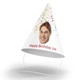 Customised party hat with your own photo and personalised number. The hat includes an elastic strap, displayed upright on a white surface. Perfect for birthday celebrations or themed events.