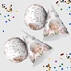 Customised party hatswith your own image and number, arranged alongside scattered colourful confetti. The hats are displayed in upright and side positions, ideal for festive celebrations.