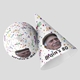 Two personalised party hats with a colourful polka dot design, featuring the text Brain's 80 and a photo of an elderly man wearing a flat cap. One hat is upright, while the other is lying on its side, showing the full pattern.