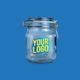 Clear glass jar with a metal clip lid, featuring a personalised circular logo in yellow and blue on the front. Perfect for customised branding or storage solutions