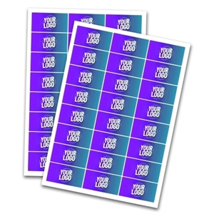 Two sheets of personalised 64mm x 34mm rectangle vinyl stickers featuring a custom logo design in pink and purple. Each sheet contains multiple labels, ideal for branding, packaging, or promotional use. Printed on high-quality adhesive vinyl