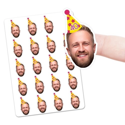 Sheet of personalised vinyl stickers featuring a smiling man's face wearing a colourful party hat with the number 40. One sticker is being peeled off by hand to show size and cut. Ideal for birthdays, hen and stag dos, and custom celebrations.