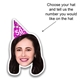 Custom vinyl sticker featuring a woman's smiling face with a purple party hat printed with the number 50. A note indicates you can choose your hat style and the number to display, ideal for personalised birthday decorations and party accessories.